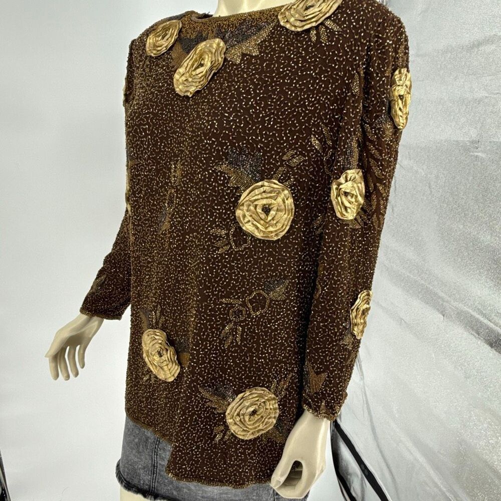 Vintage Joan Leslie Studio Silk Beaded Floral Top Saks Fifth Avenue 2X Brown Gol - Picture 5 of 15